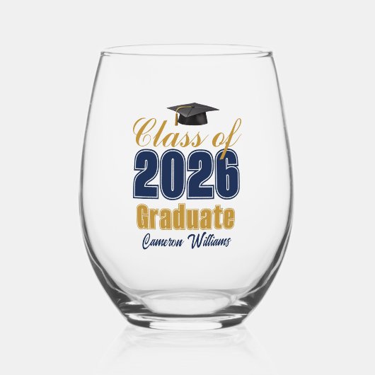 Navy Blue Gold Class of 2026 Graduation Weinglas Ohne Stiel (Vorderseite)