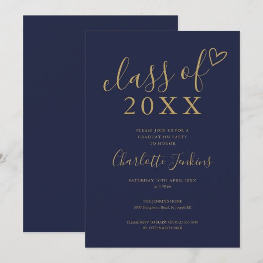 Navy Blue Gold Class of Script Graduation Party Einladung (Vorne/Hinten)