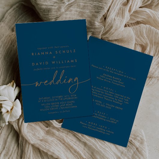 Navy Blue Gold Classic Front & Back Wedding Einladung
