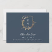 Navy Blue Gold Classic Monogram Wappen Foto Save The Date (Vorderseite)