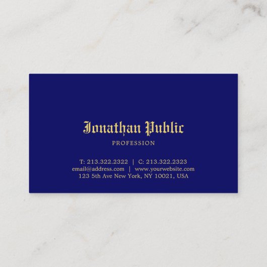 Navy Blue Gold Classic Old Style Schriftart Elegan Visitenkarte (Rückseite)