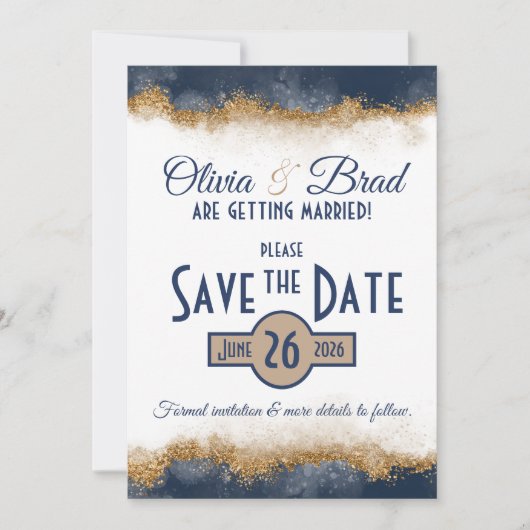 Navy Blue & Gold Classic Save The Date (Vorderseite)
