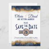Navy Blue & Gold Classic Save The Date (Vorne/Hinten)