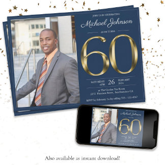 Navy Blue Gold Classy Foto 60. Geburtstagsparty Einladung