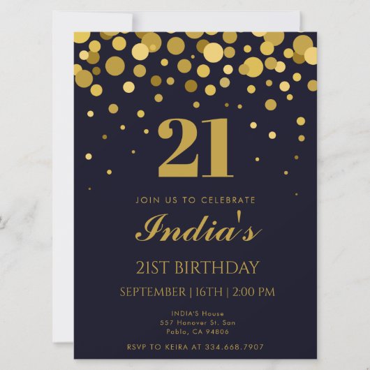 Navy Blue & Gold Confetti 21. Geburtstag Party Einladung (Vorderseite)