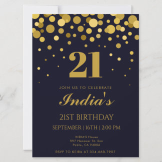 Navy Blue & Gold Confetti 21. Geburtstag Party Einladung