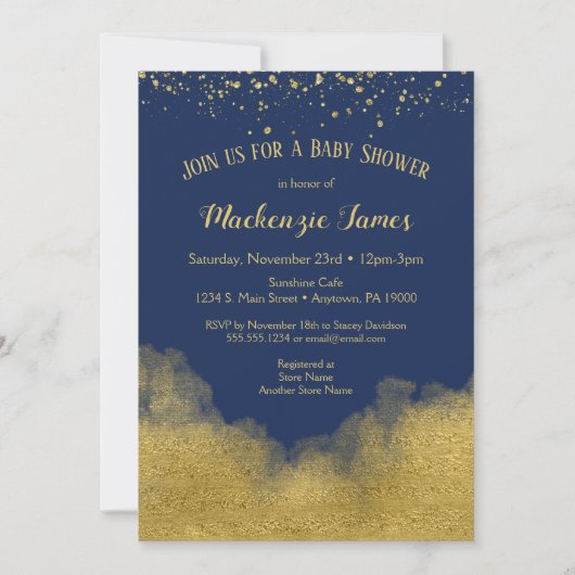 Navy Blue Gold Confetti Baby Shower Einladung Jung (Vorderseite)