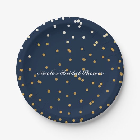 Navy Blue & Gold Confetti Dots Moderner Chic Pappteller (Vorderseite)