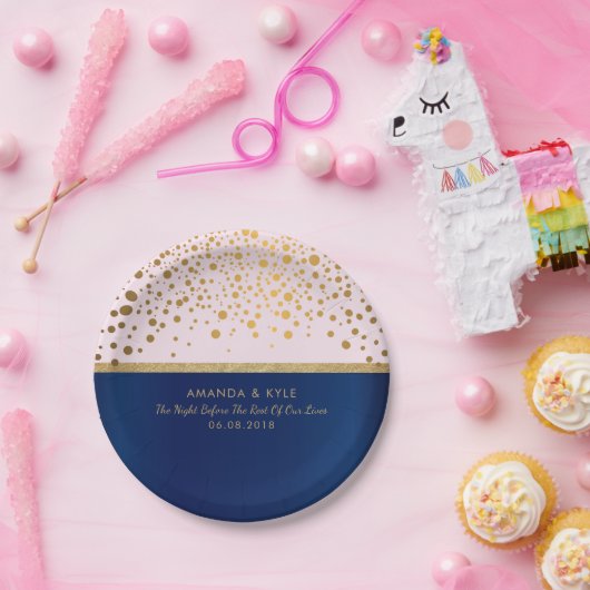 Navy Blue & Gold Confetti Dots & Pink Design Pappteller (Party)
