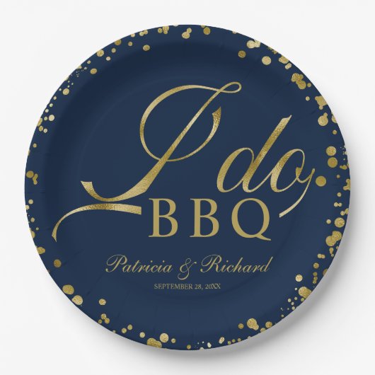 Navy Blue Gold Confetti I Do GRILLEN Engagement Pa Pappteller (Vorderseite)