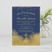 Navy Blue Gold Confetti Taufe Junge Einladung (Stehend Vorderseite)