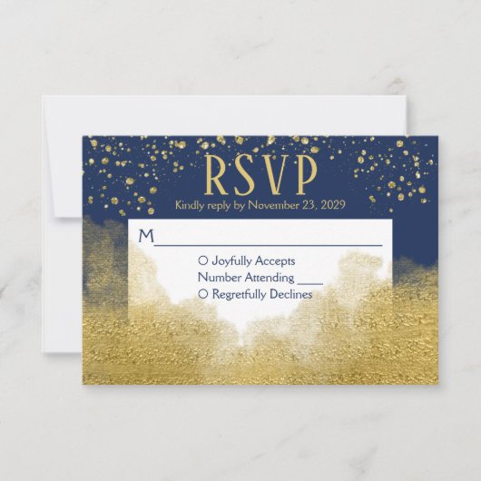 Navy Blue Gold Confetti UAWG Wedding Response RSVP Karte (Vorderseite)