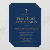 Navy Blue Gold Cross Boy Erste heilige Gemeinschaf Einladung (Vorne/Hinten)