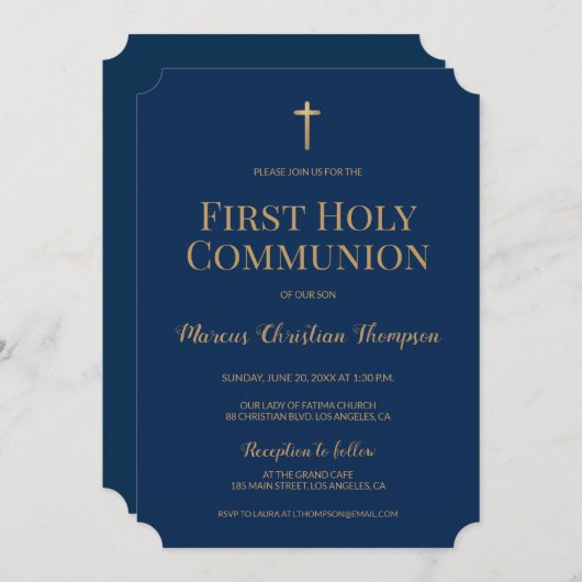 Navy Blue Gold Cross Boy Erste heilige Gemeinschaf Einladung (Vorne/Hinten)