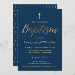 Navy Blue Gold Cross Custom Baby Baptisse Einladung