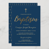 Navy Blue Gold Cross Custom Baby Boy Taufe Einladung (Vorne/Hinten)
