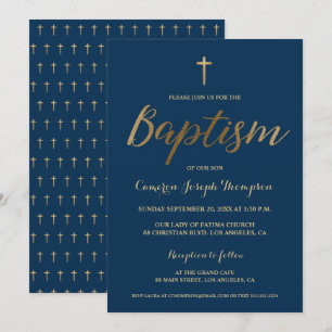 Navy Blue Gold Cross Custom Baby Boy Taufe Einladung