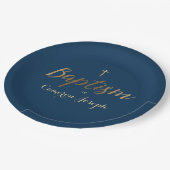 Navy Blue Gold Cross Custom Baby Boy Taufe Pappteller (Schrägansicht)
