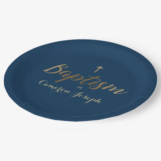 Navy Blue Gold Cross Custom Baby Boy Taufe Pappteller (Schrägansicht)