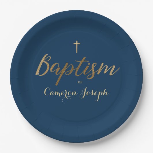 Navy Blue Gold Cross Custom Baby Boy Taufe Pappteller (Vorderseite)