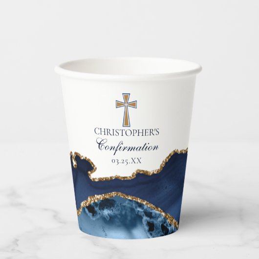 Navy Blue Gold Cross Custom Confirmation Party Pappbecher (Vorderseite)
