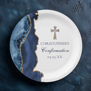 Navy Blue Gold Cross Custom Confirmation Party Pappteller