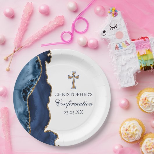 Navy Blue Gold Cross Custom Confirmation Party Pappteller (Party)