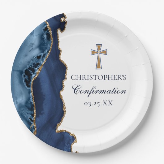 Navy Blue Gold Cross Custom Confirmation Party Pappteller (Vorderseite)