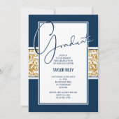 Navy Blue Gold Damask Abschluss Einladung (Vorderseite)
