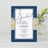 Navy Blue Gold Damask Abschluss Einladung (Stehend Vorderseite)