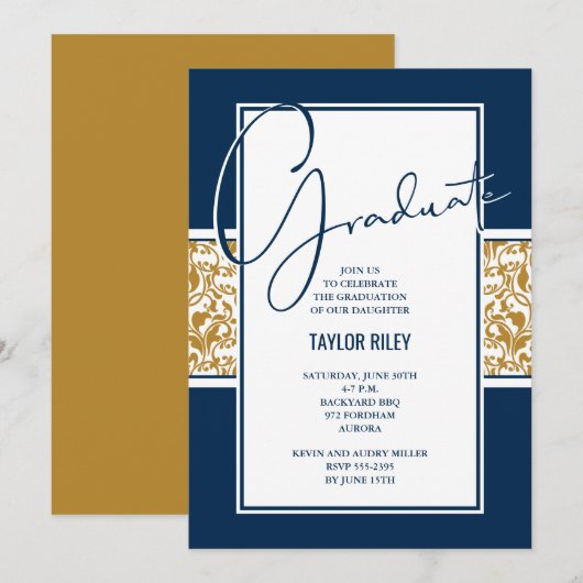 Navy Blue Gold Damask Abschluss Einladung (Vorne/Hinten)