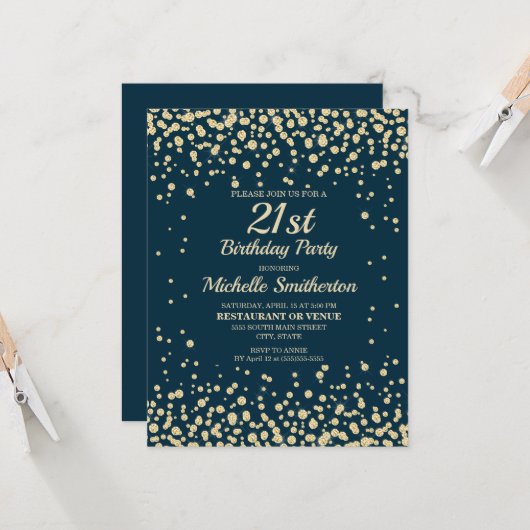 Navy Blue Gold Diamond Glitzer Frauen 21. Geburtst Karte (Vorderseite/Rückseite Beispiel)