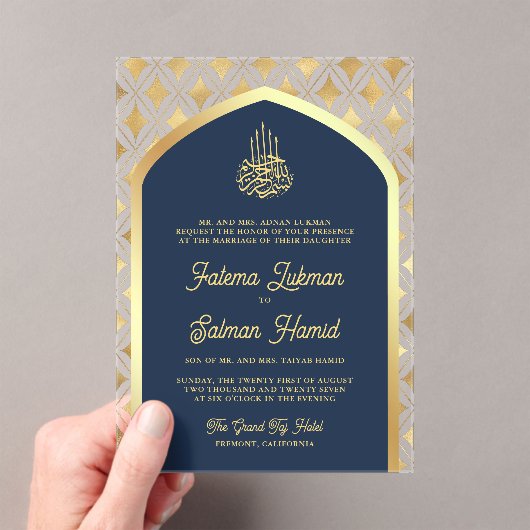 Navy Blue Gold Diamonds Arch Muslim Wedding Acryleinladungen (Insitu (Handheld))