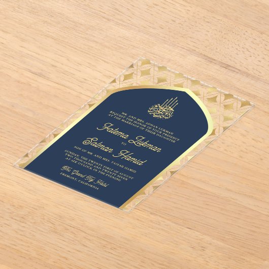 Navy Blue Gold Diamonds Arch Muslim Wedding Acryleinladungen (Ablage )