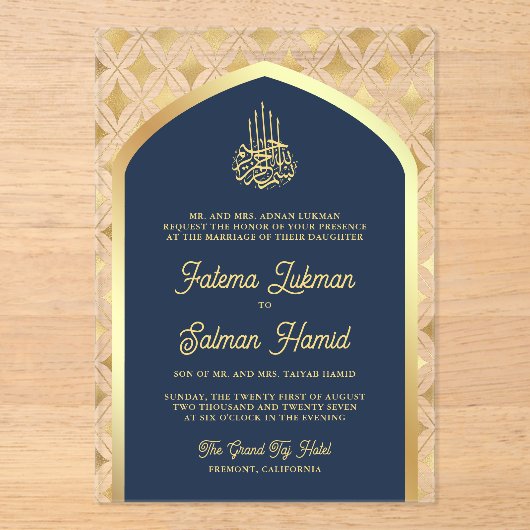 Navy Blue Gold Diamonds Arch Muslim Wedding Acryleinladungen (Vorderseite)
