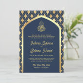Navy Blue Gold Diamonds Arch Muslim Wedding Einladung (Stehend Vorderseite)