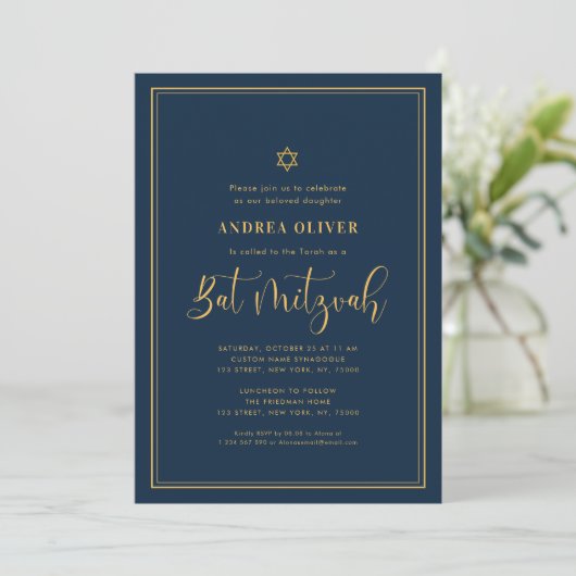 Navy Blue & Gold Doppelrahmen Script Bat Mitzvah Einladung (Stehend Vorderseite)