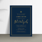 Navy Blue & Gold Doppelrahmen Script Bat Mitzvah Einladung