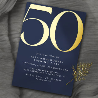 Navy Blue & Gold | Einfache Moderne 50. Geburtstag Folieneinladung