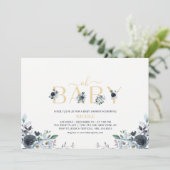 Navy Blue & Gold Elegant Boho Floral Baby Shower Einladung (Stehend Vorderseite)