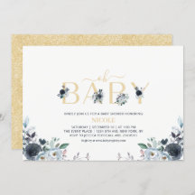 Navy Blue & Gold Elegant Boho Floral Baby Shower
