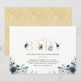Navy Blue & Gold Elegant Boho Floral Baby Shower Einladung
