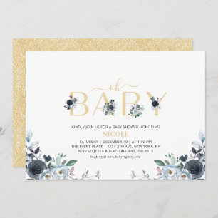 Navy Blue & Gold Elegant Boho Floral Baby Shower Einladung