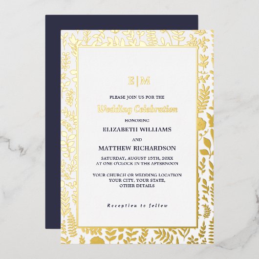 Navy Blue Gold Elegant Luxury Wedding Folieneinladung (Vorderseite/Rückseite)