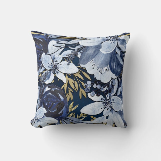 Navy Blue & Gold Elegante Moderne Wasserfarben Kissen (Vorderseite)