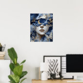 Navy Blue Gold Fantasy Surreal Moon Woman Wall Art Poster (Heimbüro)
