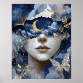 Navy Blue Gold Fantasy Surreal Moon Woman Wall Art Poster (Vorne)