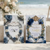 Navy Blue & Gold Faux Glitz Floral Formal Wedding Einladung