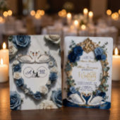 Navy Blue & Gold Faux Glitz Floral Formal Wedding Einladung