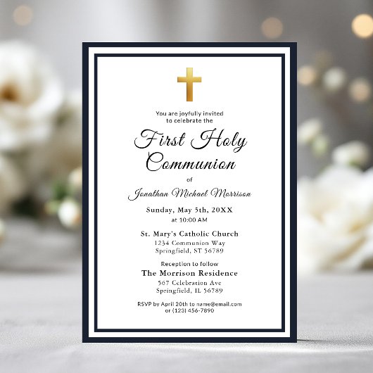 Navy Blue Gold First Heilige Kommunion Boy's Einladung
